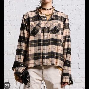 R13 flannel shredded crewneck shirt